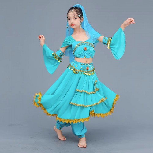 Children Girls Xinjiang dance dresses red blue Indian queen dance costumes Xinjiang Dunhuang kids exotic folk dance wear jasmine princess dress for kids